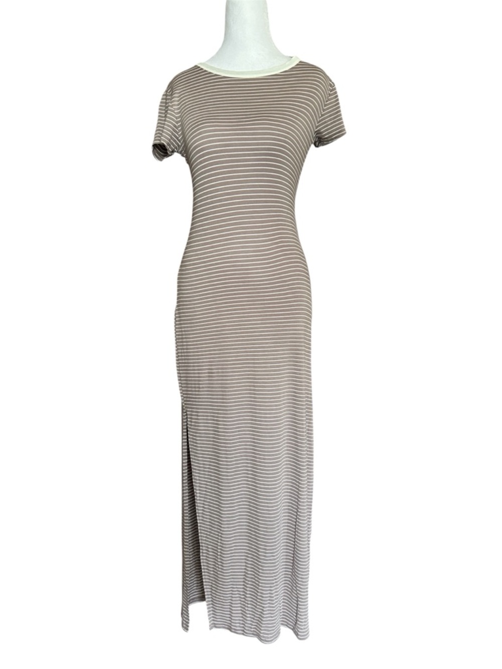 NWT Olivia Rae Maxi Dress Medium Brown White Striped Side Slit Short Sleeve